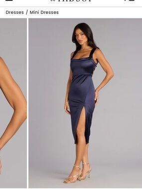 Emelia Satin High Slit Midi Navy Dress